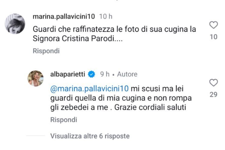 Alba Parietti paragone Cristina Parodi battibecco social