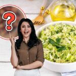 insalata in una ciotola, donna con idea e ingrediente misterioso