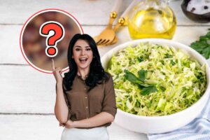 insalata in una ciotola, donna con idea e ingrediente misterioso