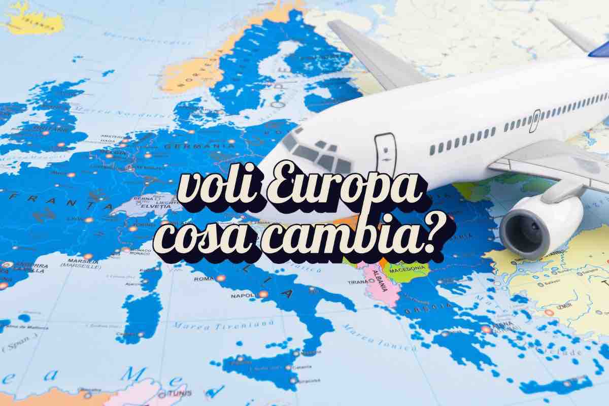 Mappa continente europeo, modellino aereo e scritta "voli Europa cosa cambia?"