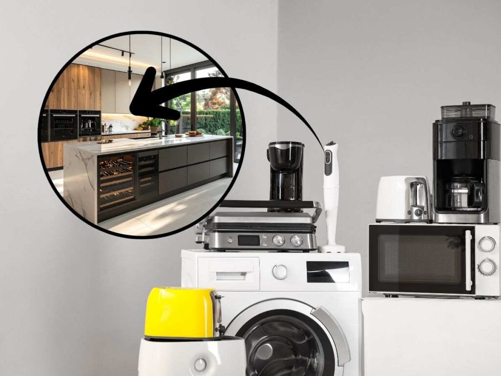 sfondo elettrodomestici freccia su tondo con cucina moderna