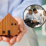 sfondo uomo con casa in miniatura e tondo con coppia felice