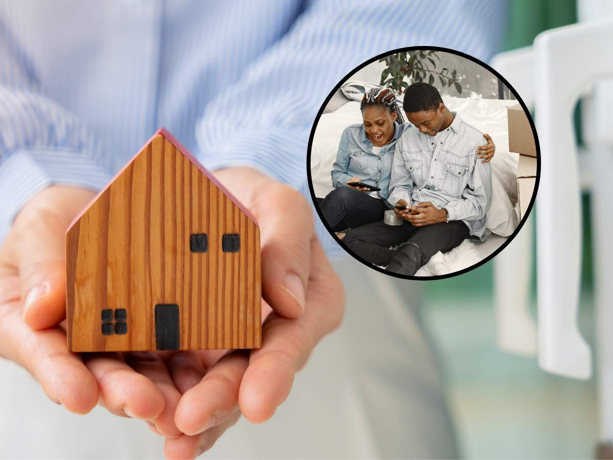 sfondo uomo con casa in miniatura e tondo con coppia felice