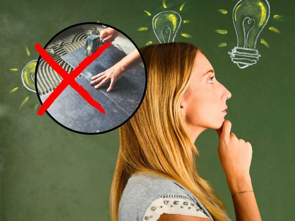 sfondo ragazza che pensa con simboli lampadina e tondo con piastrellista che installa pavimento e X rossa