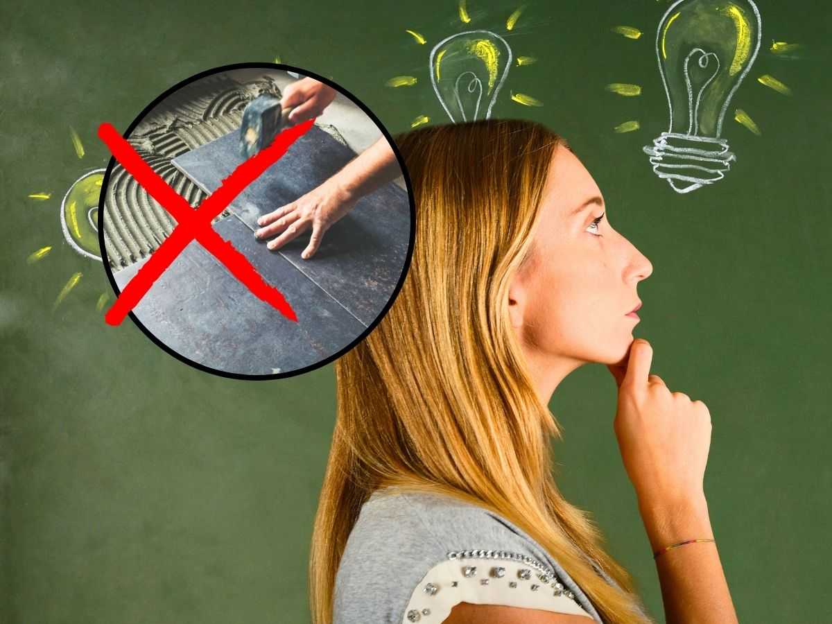 sfondo ragazza che pensa con simboli lampadina e tondo con piastrellista che installa pavimento e X rossa