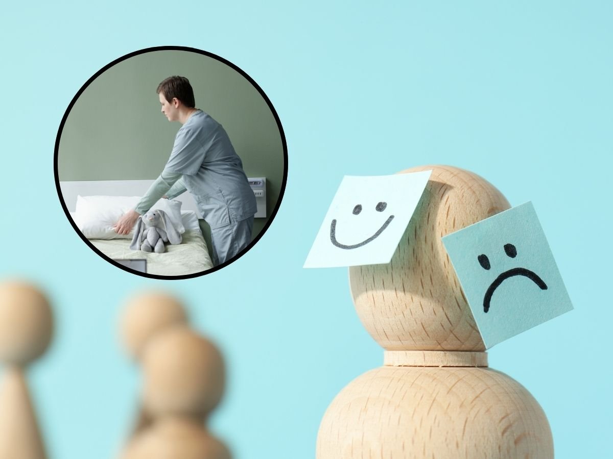 sfondo sagome omini con faccine tristi e tondo con donna che ordina casa