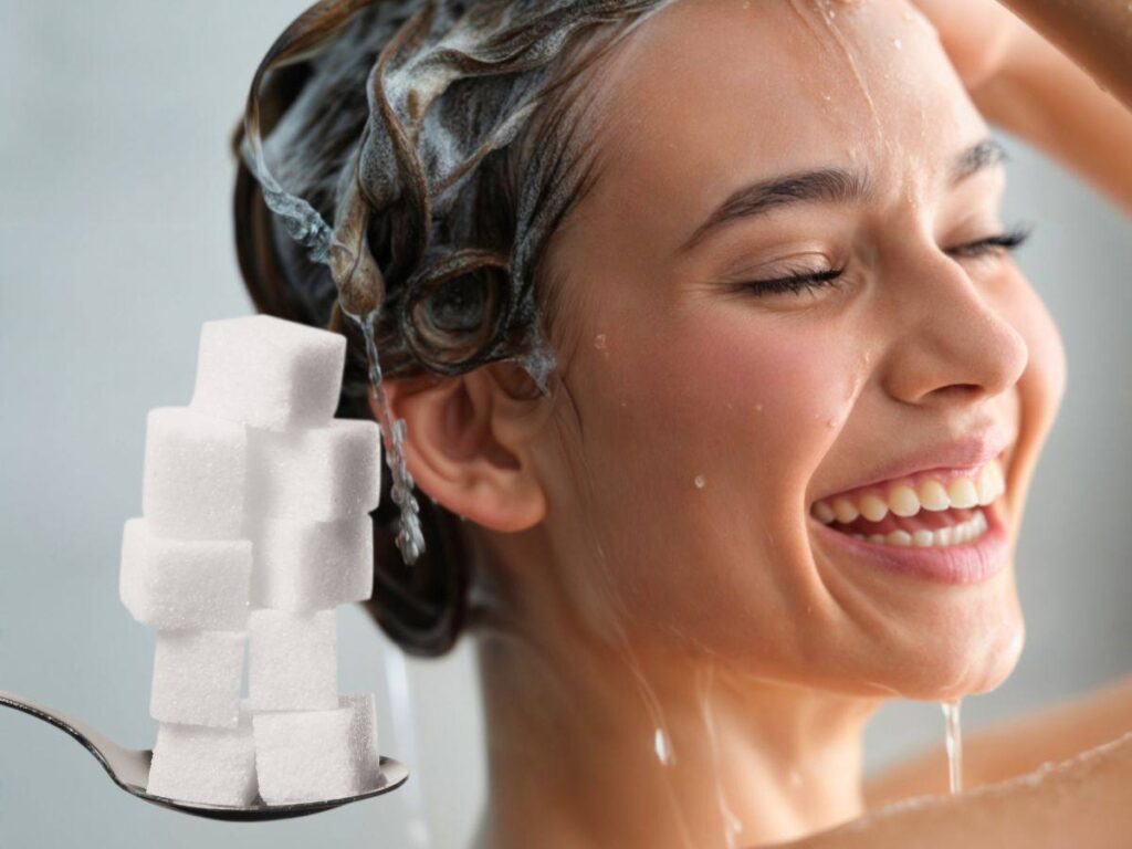 sfondo donna si fa shampoo e cucchiaino con zollette di zucchero