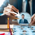 sfondo persona che legge curriculum e lente su candidato, simboli diploma