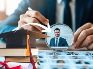 sfondo persona che legge curriculum e lente su candidato, simboli diploma