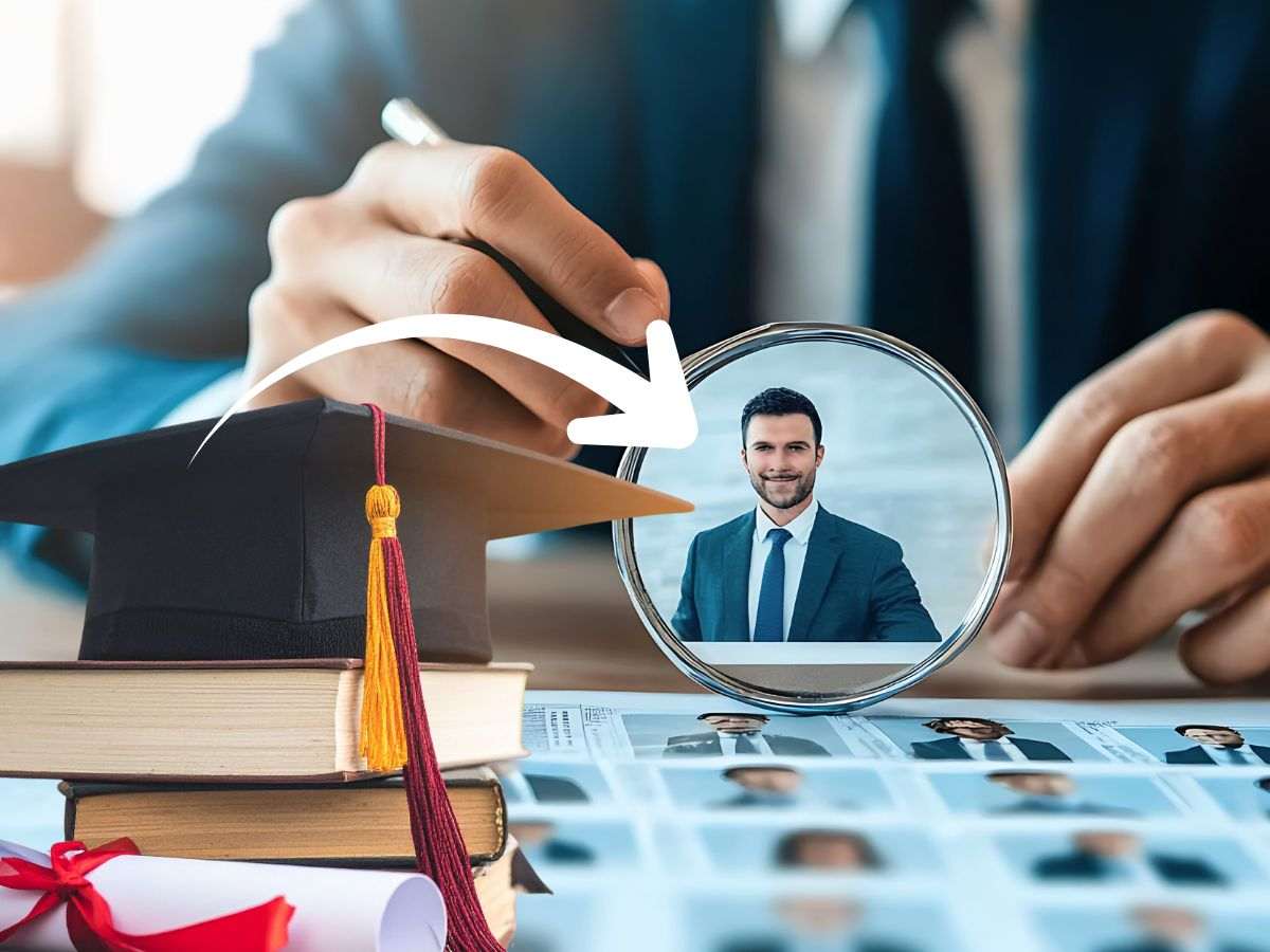 sfondo persona che legge curriculum e lente su candidato, simboli diploma