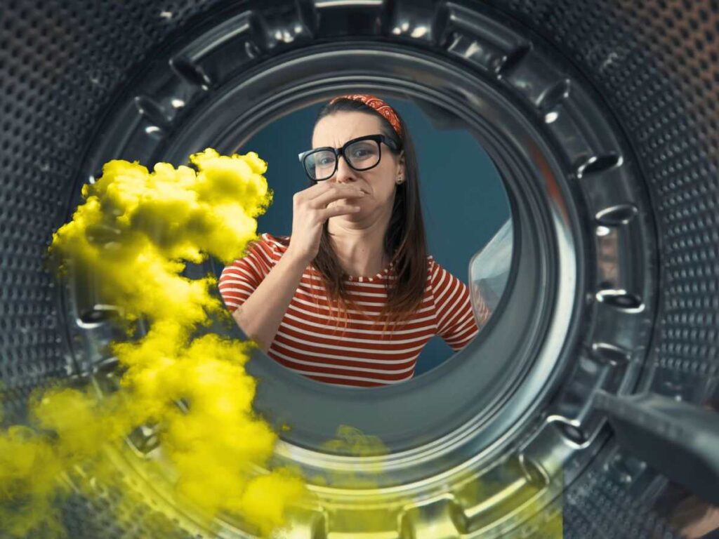 sfondo donna con naso tappato e alone di puzza dentro lavatrice