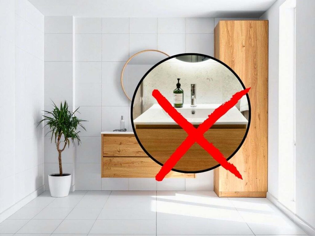 sfondo bagno e tondo con lavabo e X rossa