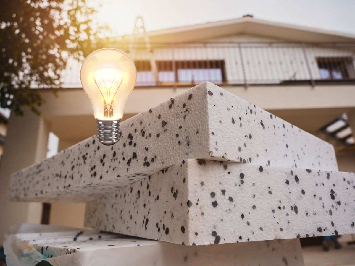 sfondo casa con cappotto termico e lampadina simbolo innovazione