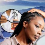 sfondo inverno, tondo con dermatologo e ragazza che controlla cute capelli