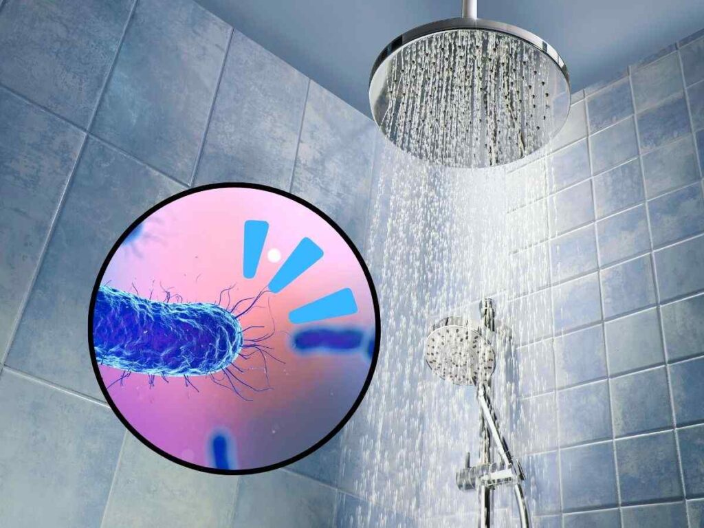 sfondo doccia e tondo con simbolo germi