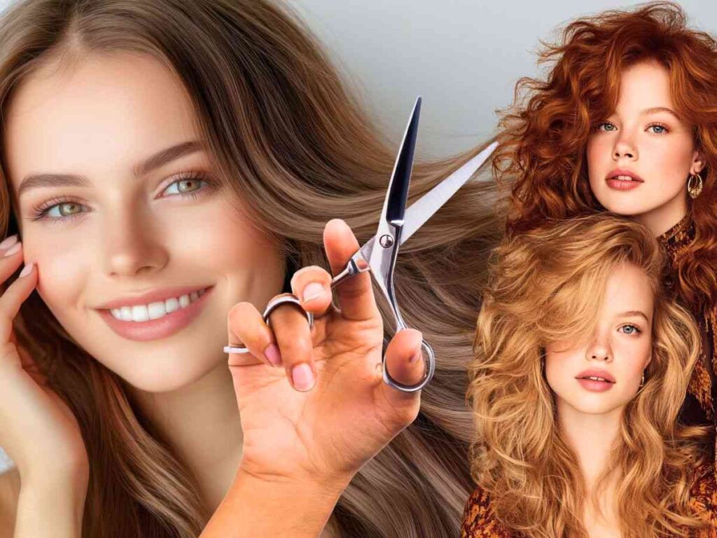 sfondo ragazze con folta chioma capelli e mano con forbici che taglia