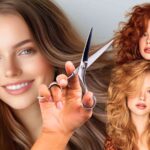 sfondo ragazze con folta chioma capelli e mano con forbici che taglia