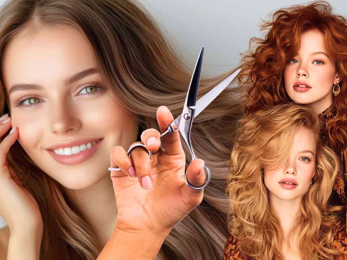 sfondo ragazze con folta chioma capelli e mano con forbici che taglia