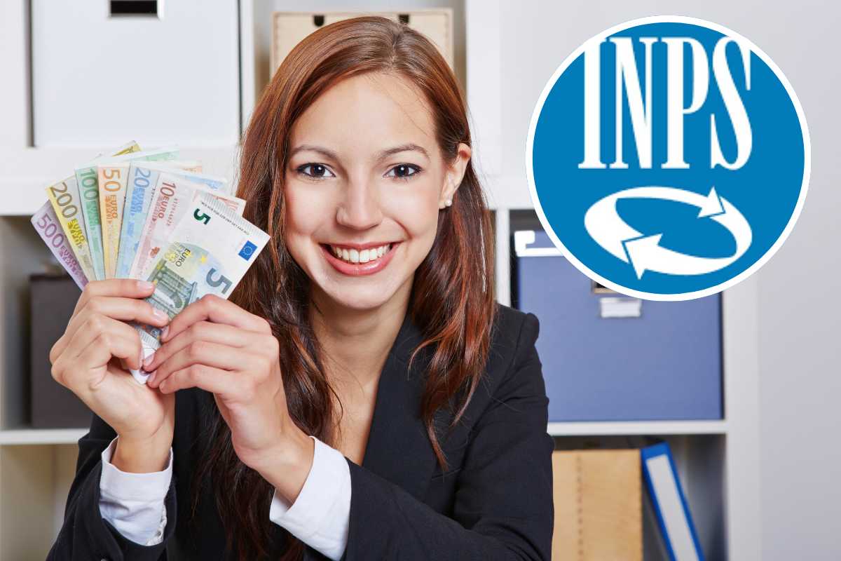 giovane lavoratrice, euro e logo Inps